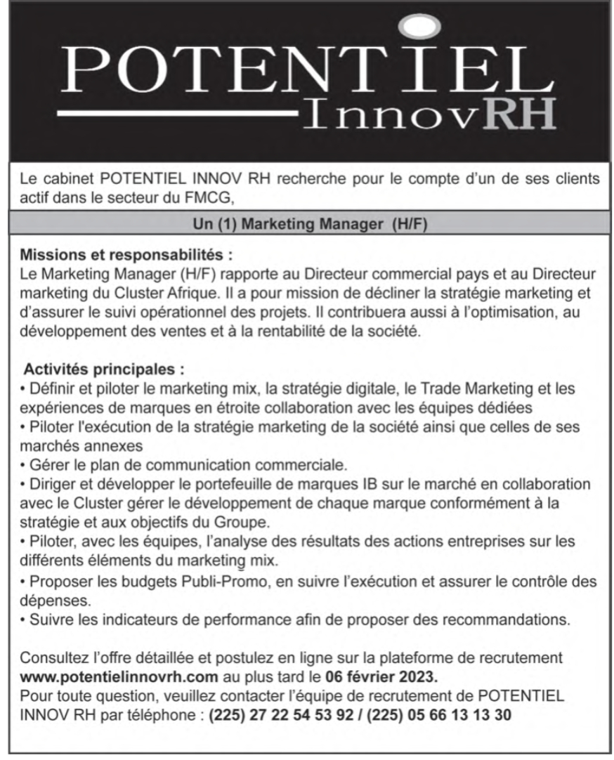 Recrutement de 01 Marketing Manager (H/F)